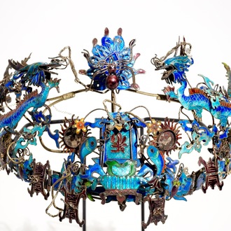 A Chinese enamelled silver tiara with dragons, phoenixes and symbols, Qing